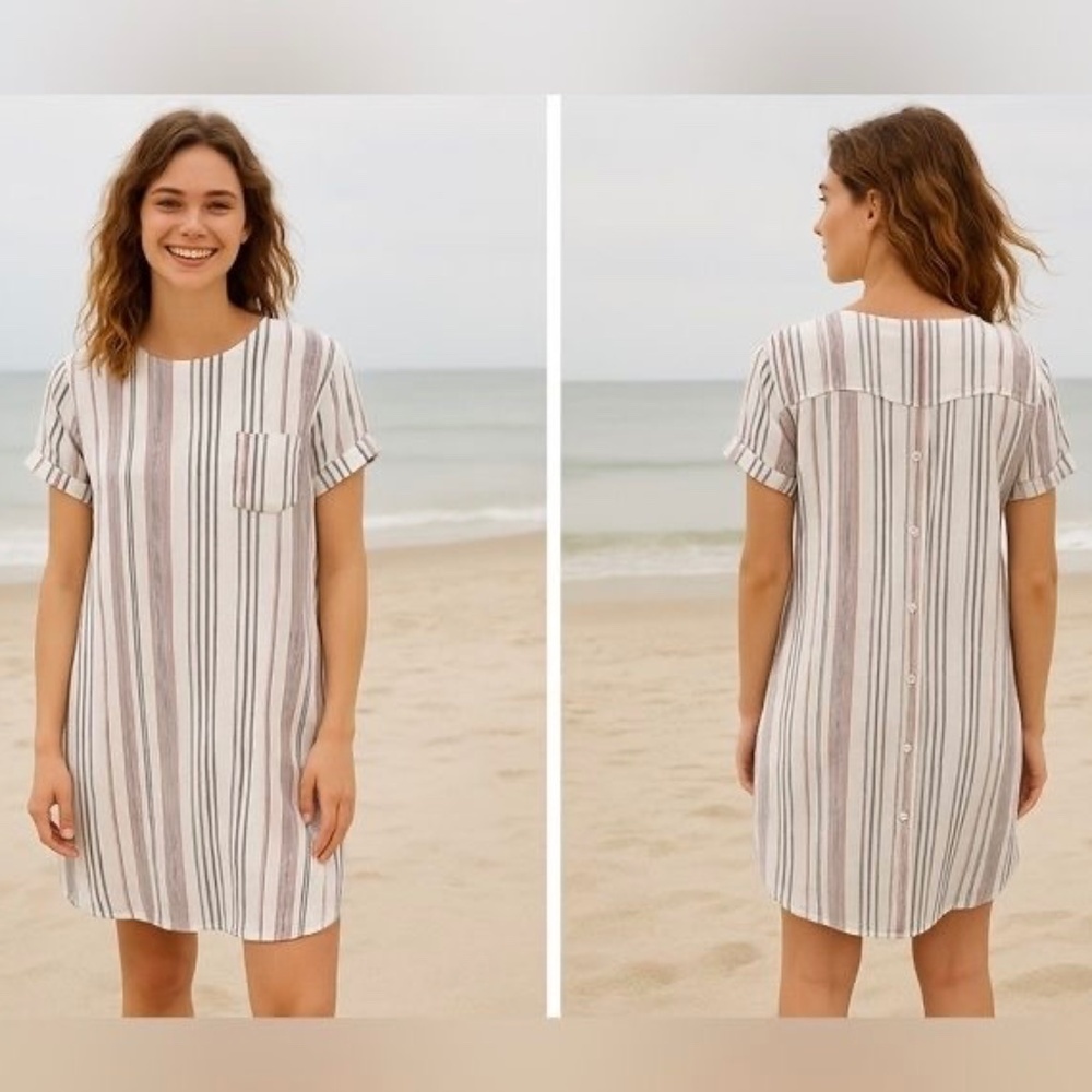 ANTHROPOLOGIE CLOTH & STONE LINEN BLEND STRIPED POPOVER MINI DRESS